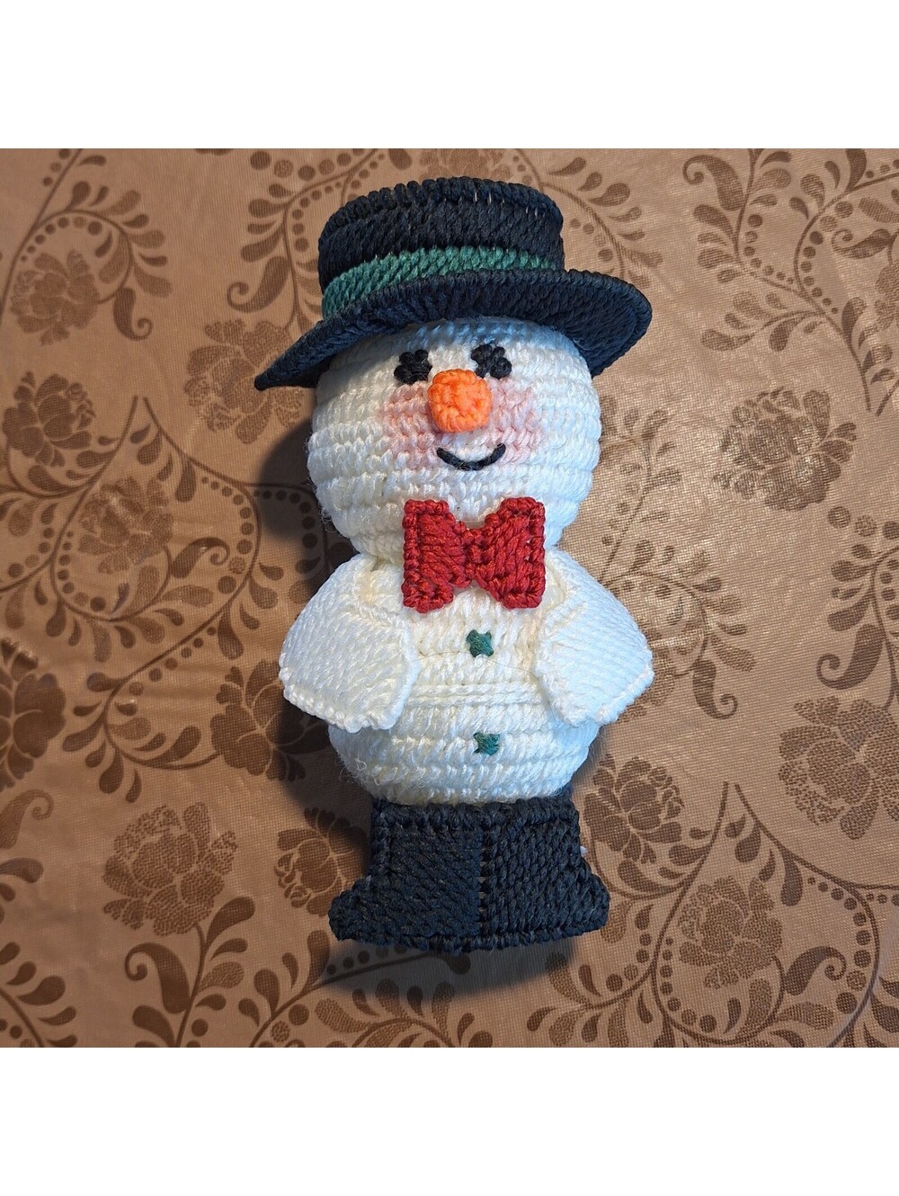 Crocheted Snowman Around 3D Plastic Form Christmas Figurine 7.5"H X 3.75"W